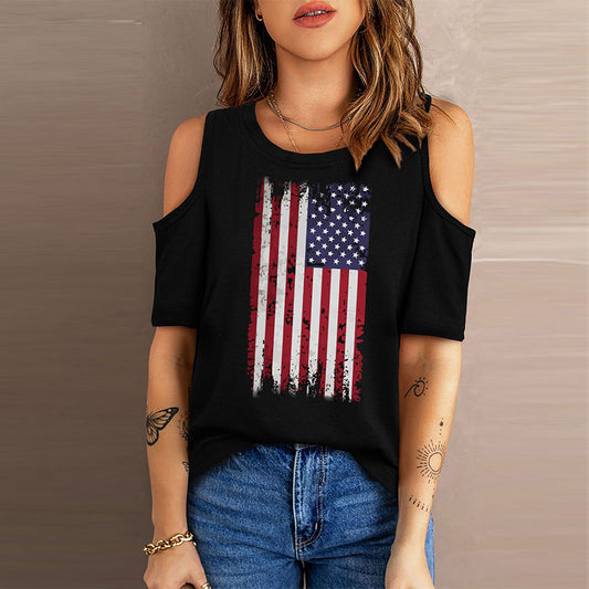 Flag Printing Strapless Round Neck Casual T-shirt Women