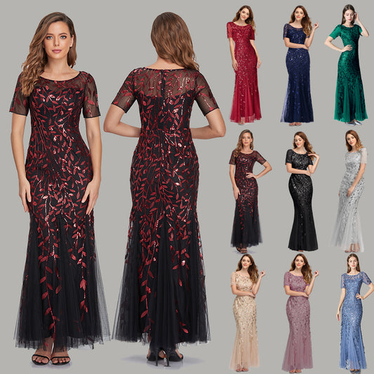 Spring And Summer Cross-border 2022 Banquet Host European And American Slim Mesh Sequined Evening Dress Fishtail Dress Female