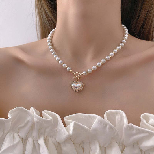 Japanese And Korean Ins New Super Fairy Temperament Imitation Pearl Love Necklace Cold Wind Sweet Simple OT Buckle Clavicle Chain Female