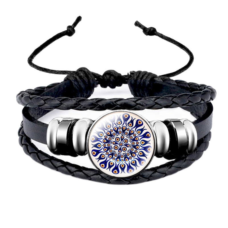 Turkish Blue Eye Glass Snap Button Leather Rope Chain Bracelet