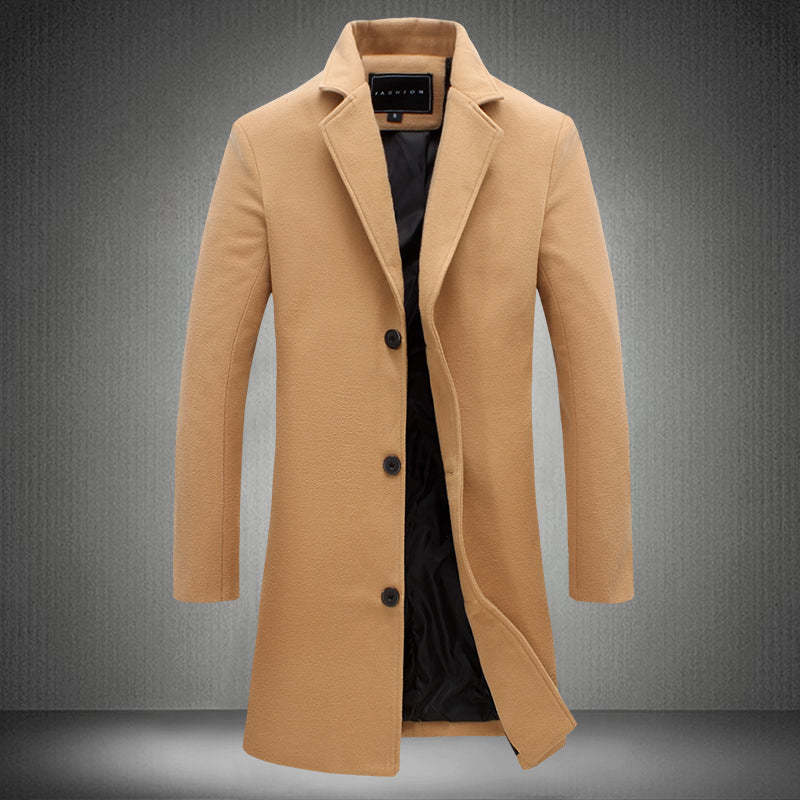 men's long slim fit solid color woolen trench coat