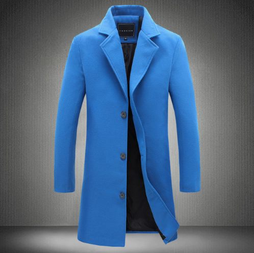 men's long slim fit solid color woolen trench coat